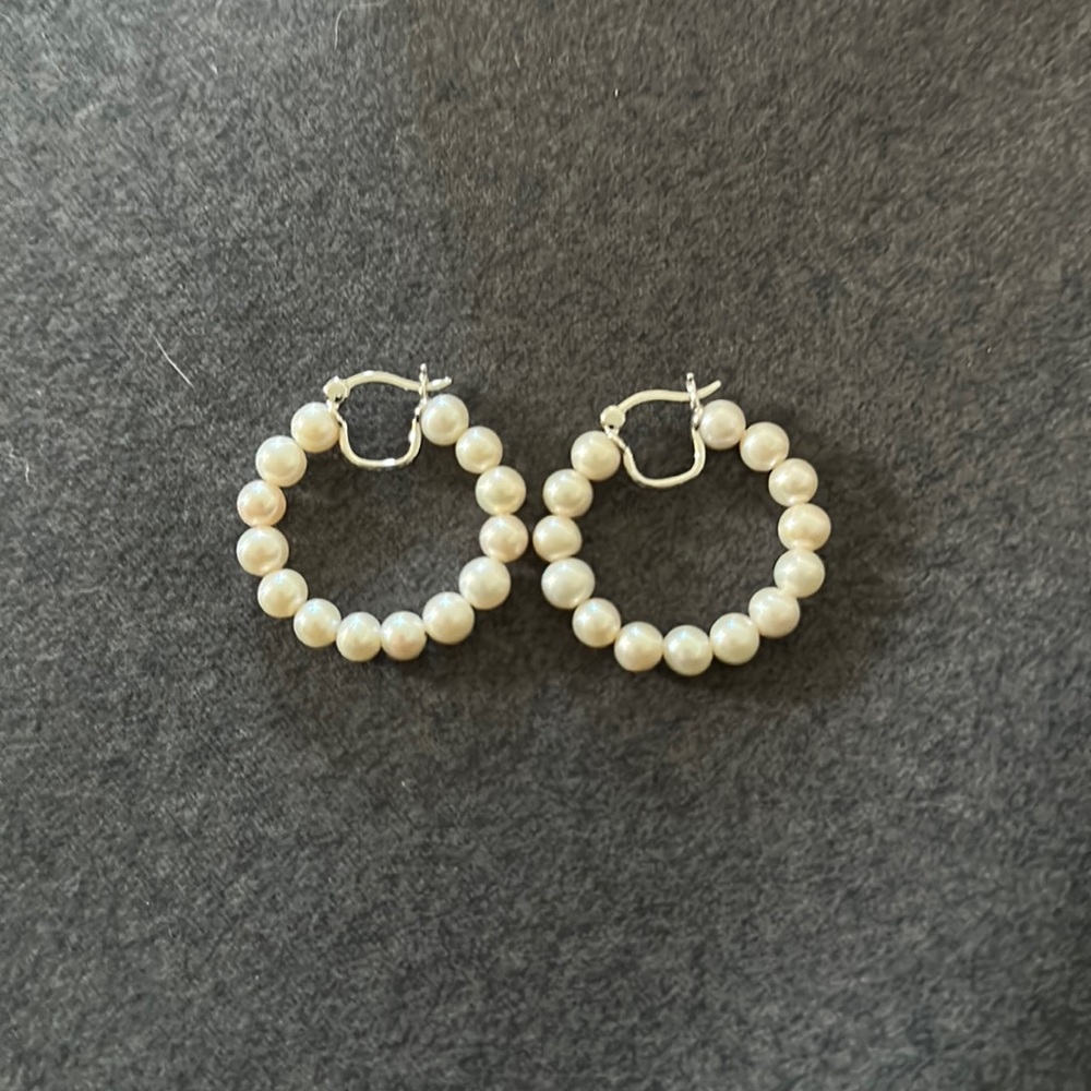 White Cultured Freshwater Pearl Rhodium Over Sterling Silver Hoop Earrings